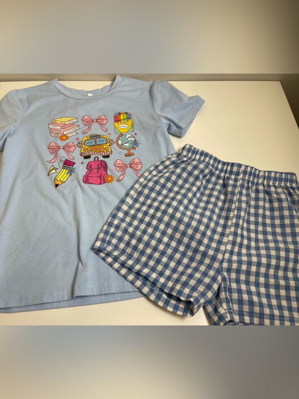 Girls' Light Blue Graphic Tee & Blue Gingham Shorts Matching Set size 6/7